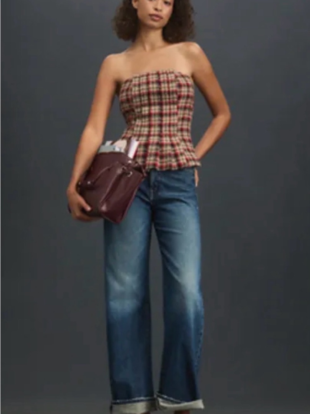 Anthropologie Plaid Strapless Peplum Top in Red and Tan